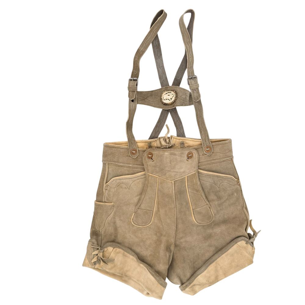 Vintage Suede Leather Lederhosen Shorts Suspenders Stag Horn 33" Waist Mens